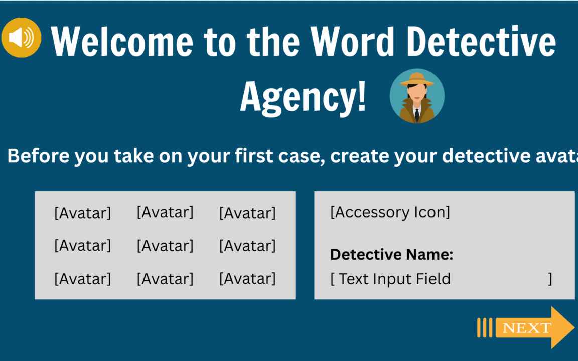 A high-fidelity mockup screen from the “Word Detectives” literacy e-learning module.