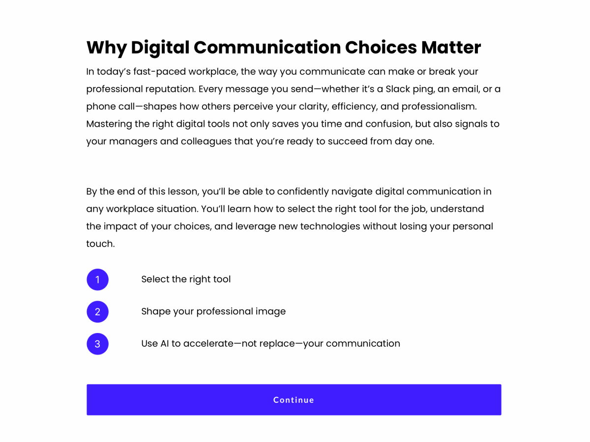 An overview screen of the Business Communication micro-credential outlining its modules.