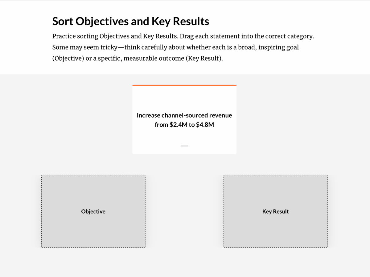 A drag-and-drop practice activity where learners match objectives to key results.