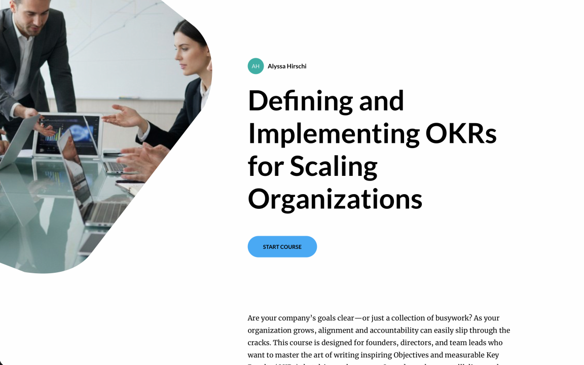 Title screen of the “Defining and Implementing OKRs” e-learning module — “Bridging the Gap: From Strategy to Action with OKRs.”